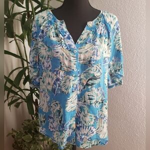 Chico's Blue and White Sea Shell Patterned Top Size 3